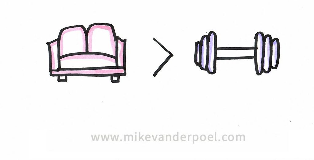 This image shows a couch and a gym weight. It's easier to sit on the couch than it is to head to the gym and lift weights.